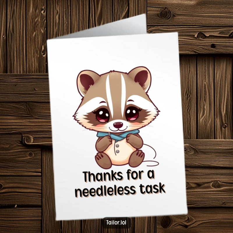 Funny Free Printable Thank You Card: Curious Kawaii badger tailor gazes wide-eyed at a needle and thread.