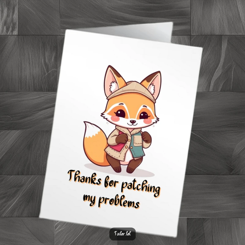 Funny Free Printable Thank You Card: Playful Kawaii fox tailor focused on sewing a humorous, mismatched patch.