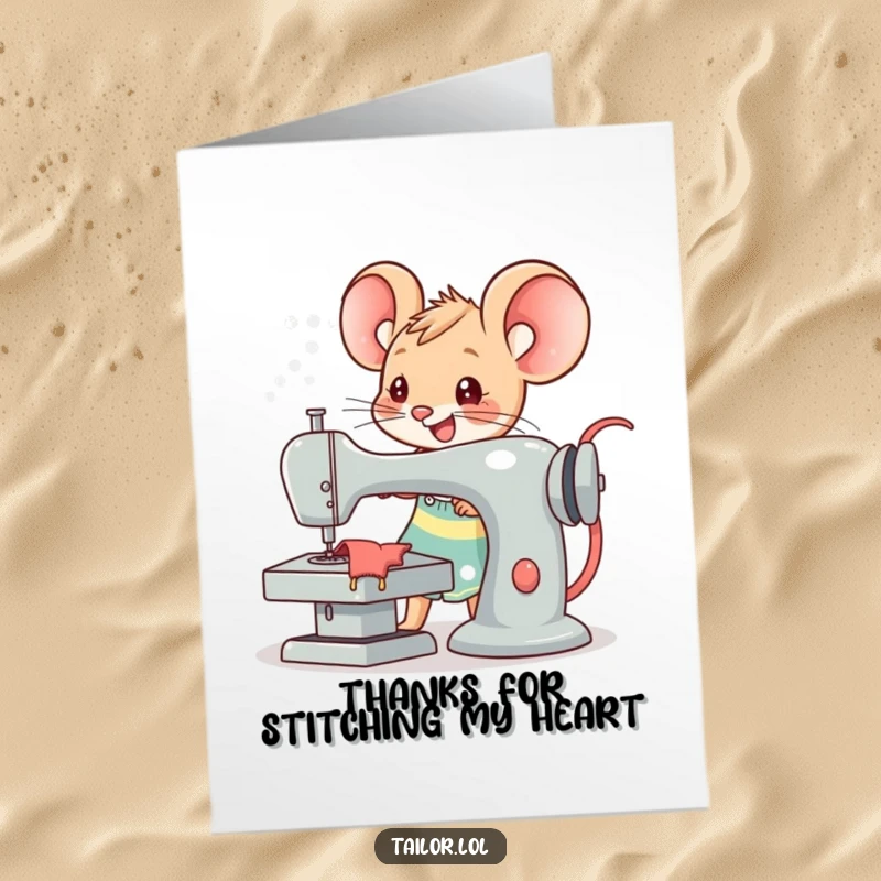 Funny free printable Kawaii mouse tailor happily sewing a large thank you note with a sewing machine.