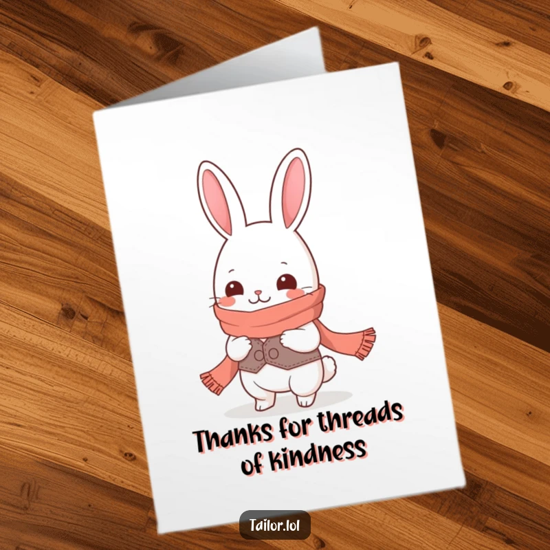 Funny Free Printable Thank You Card: Giggling Kawaii rabbit tailor proudly measures an absurdly long scarf.
