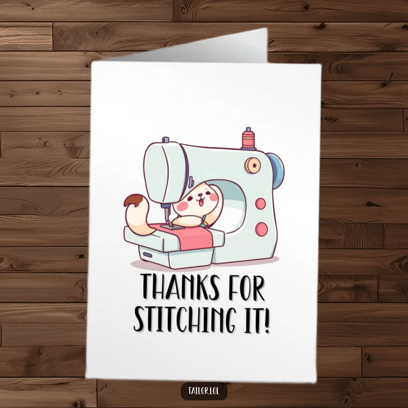 Funny Free Printable Thank You Card: An animal character struggles to push a large sewing machine, thanking you for assistance.