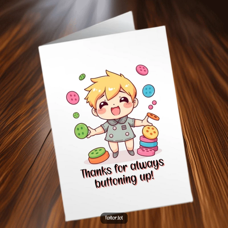 Funny Free Printable Thank You Card: Agile character comically juggling colorful buttons, expressing thanks with style.
