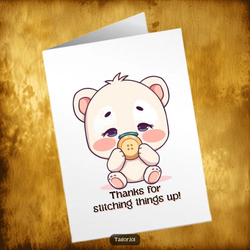 Funny Free Printable Thank You Card: Character comically sewing a button onto their own nose, thanking them humorously.