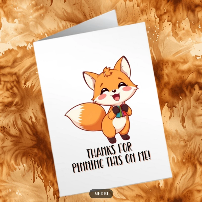 Funny Free Printable Thank You Card: Excited fox happily pinning a colorful swatch to its tail, expressing thanks.