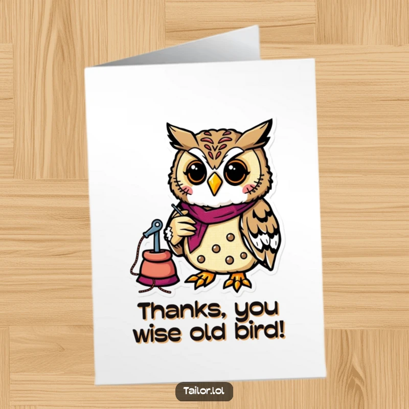 Funny Free Printable Thank You Card showcasing a cheerful owl tailor stitching a colorful patch, a symbol of gratitude.