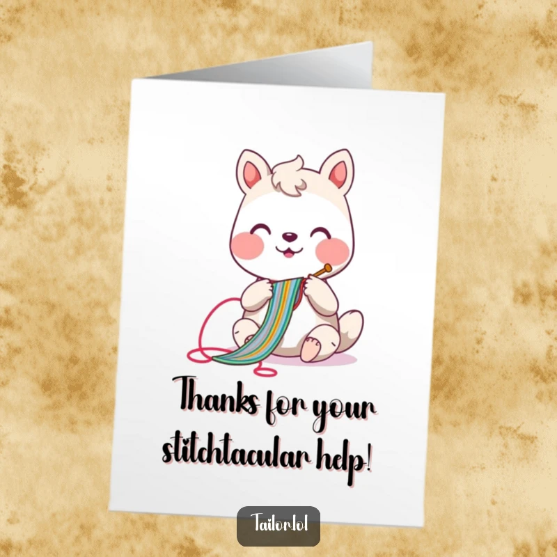 Funny Free Printable Thank You Card: Cheerful animal character sewing a long, colorful stitch to express appreciation with a needle.