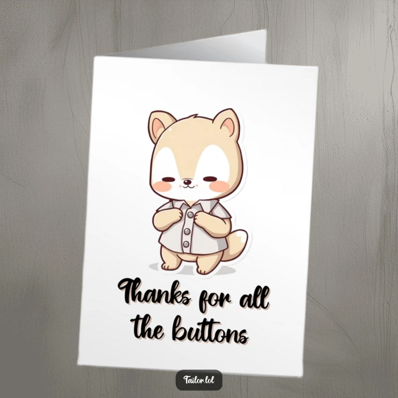 Funny Free Printable Thank You Card: Cute animal character focused on adjusting a tiny button on a miniature shirt, showing thanks.