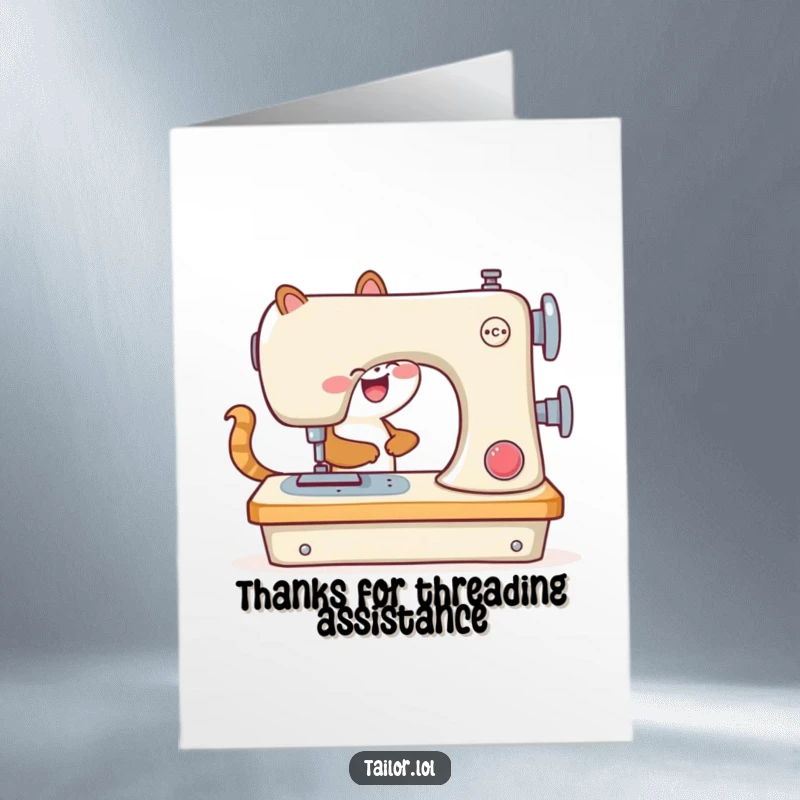 Funny Free Printable Thank You Card: Happy animal busy with a huge sewing machine, sending thanks with stitches.