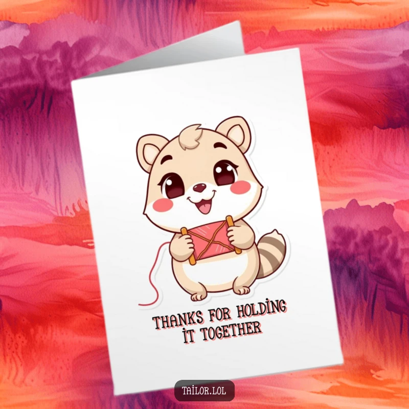 Funny Free Printable Thank You Card: Cute animal character holding a spool of thread with a big cheerful grin, thanking someone.