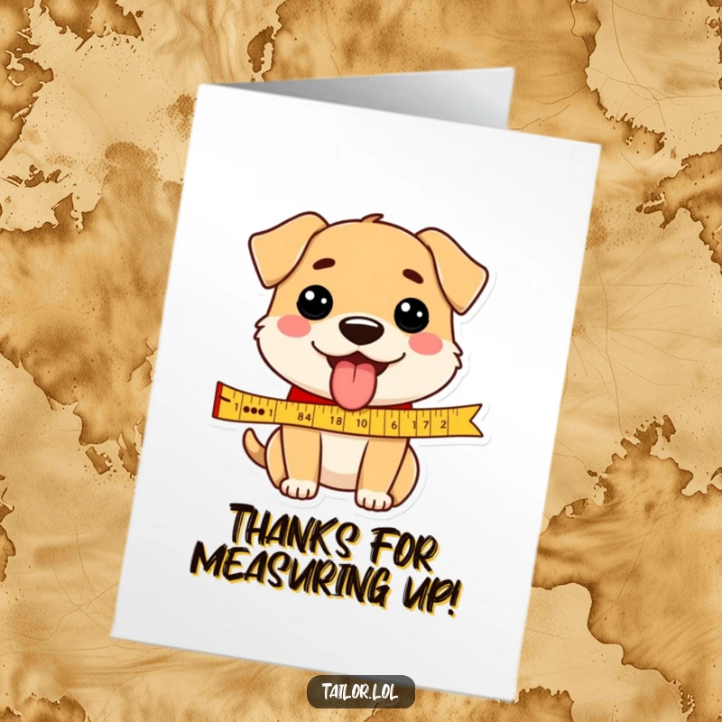 Funny Free Printable Thank You Card: A happy dog with its tongue out measuring a ribbon, showing immense gratitude.