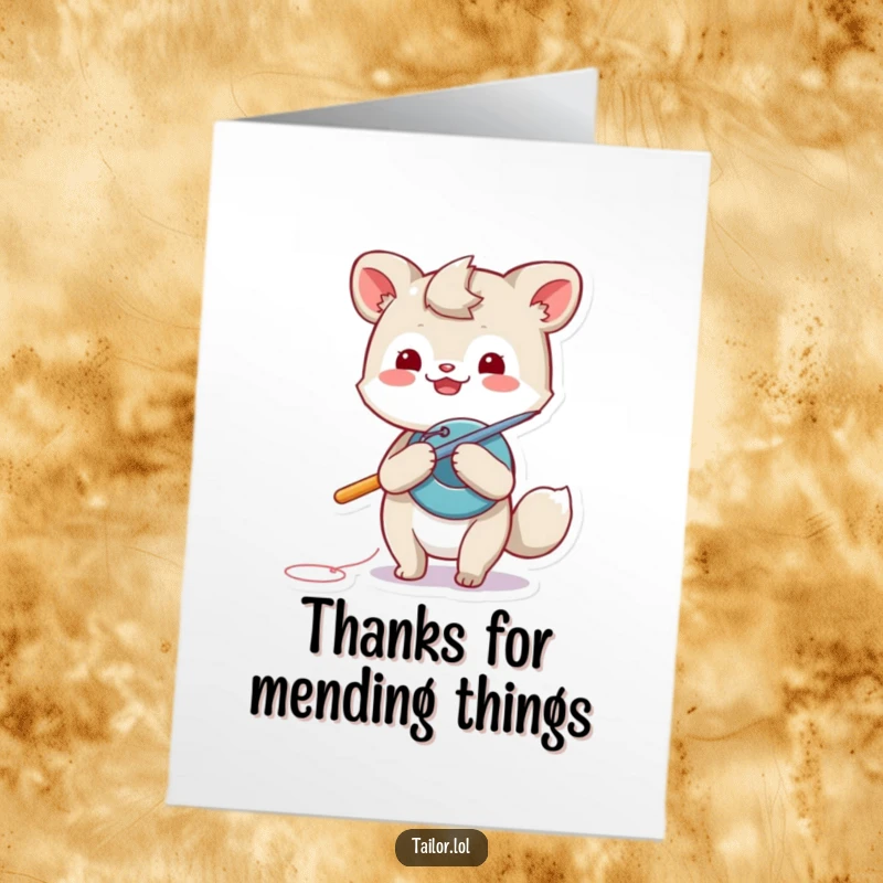 Funny Free Printable thank you card featuring a playful animal character sewing a button with a gigantic needle.
