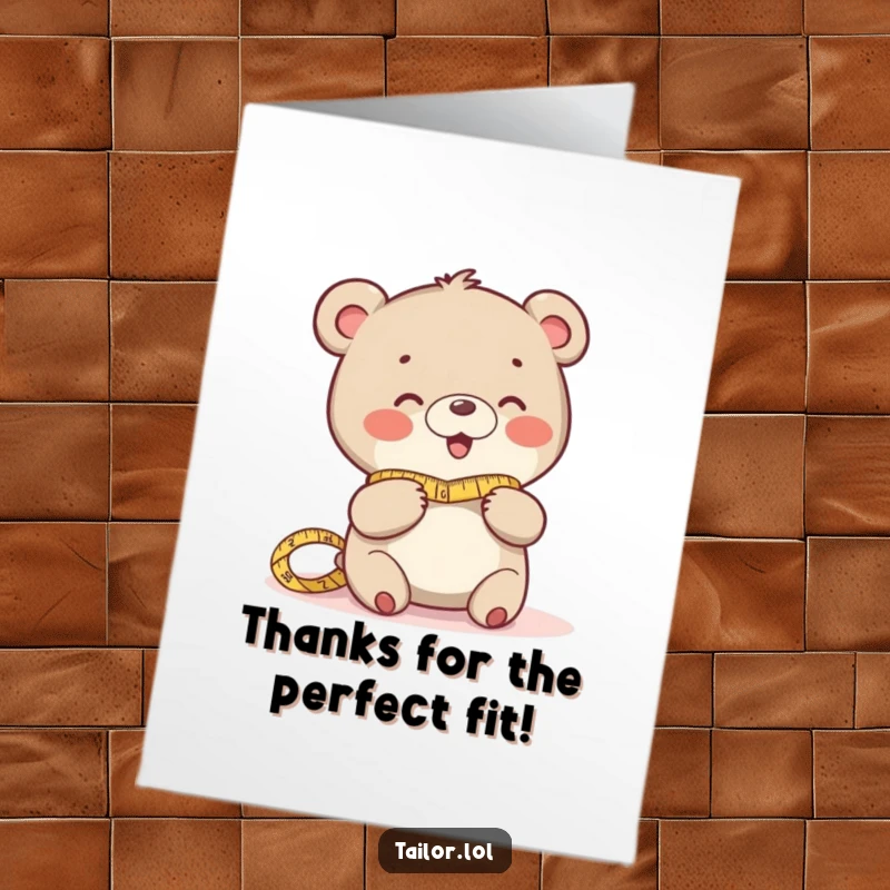 Funny Free Printable Thank You Card: Giggling bear tailor measuring fabric, a delightful and humorous way to say thanks.