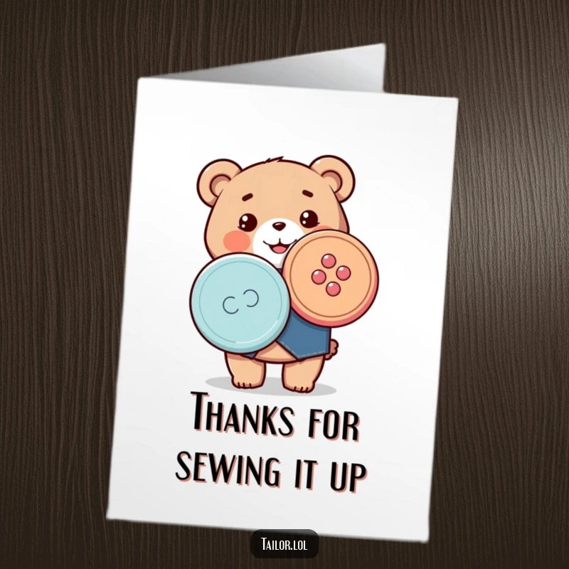 Funny Free Printable Thank You Card: a happy Kawaii bear tailor beaming while holding a huge, vibrant button.