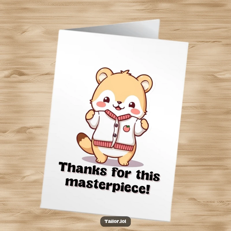 Funny Free Printable Thank You Card: Cute animal character proudly displaying a finished tiny garment, a proud thank you.