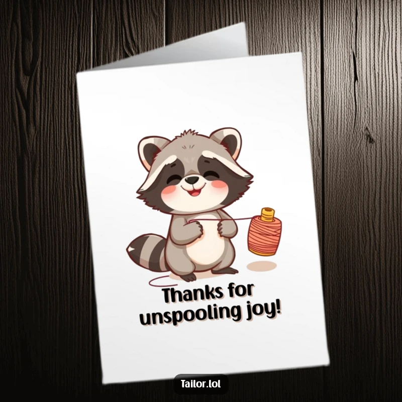 Funny Free Printable Thank You Card: A giggling raccoon playfully pulling a spool of thread, expressing sincere thanks.