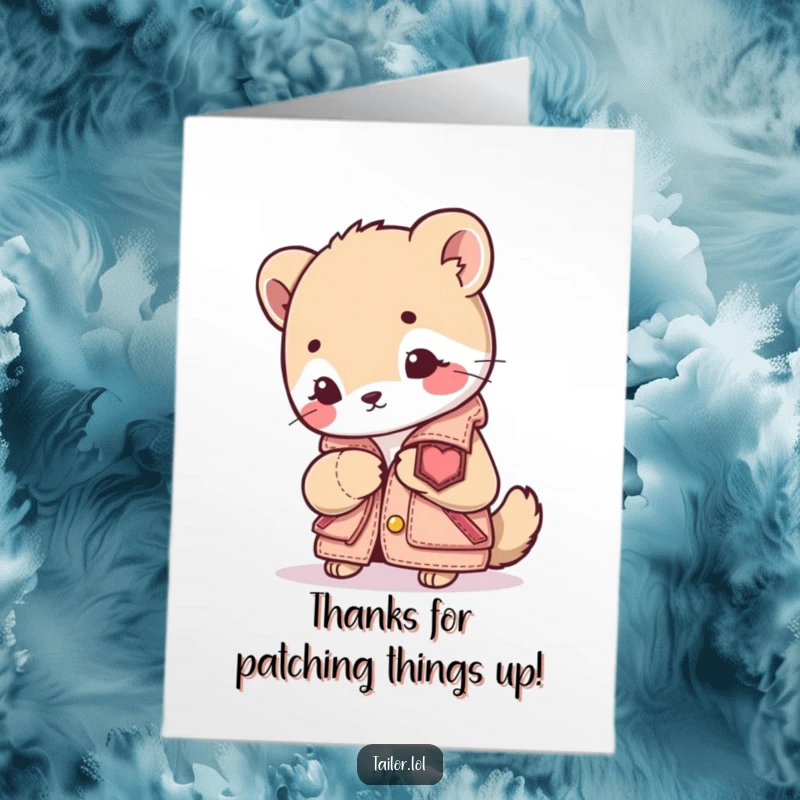 Funny Free Printable Thank You Card: Cute animal character focused on sewing a patch onto a tiny jacket, a creative thank you.