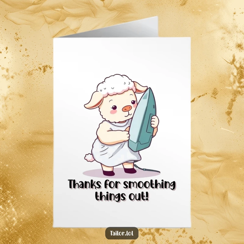 Funny Free Printable Thank You Card: A silly sheep ironing a wrinkled shirt with a giant iron, sending heartfelt thanks.