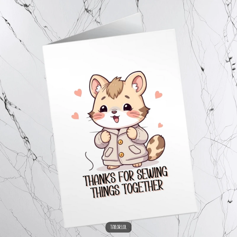 Funny Free Printable Thank You Card: Cute animal character enthusiastically stitches a large, beautiful garment, expressing thanks.