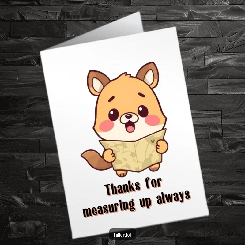 Funny Free Printable Thank You Card: Cute animal character expresses shocked surprise while looking at a measuring tape, perhaps a mistake.