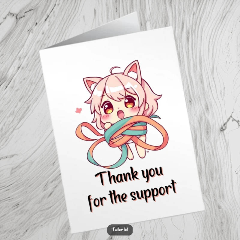 Funny Free Printable Thank You Card: Surprised character humorously caught in a ribbon, expressing thanks with a chuckle.