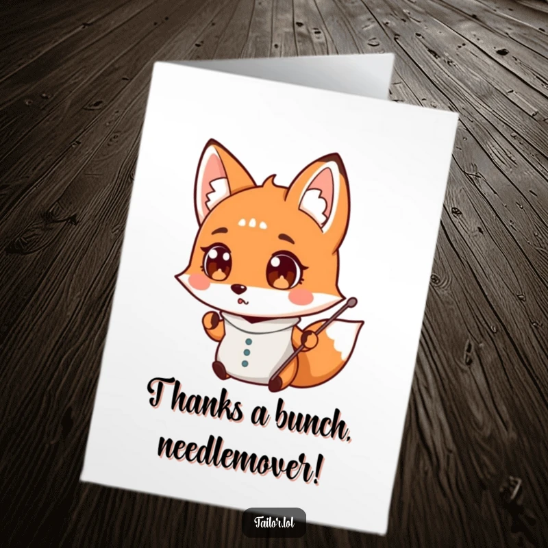 Funny Free Printable Thank You Card: shocked fox tailor losing a needle, expressing gratitude with a laugh.