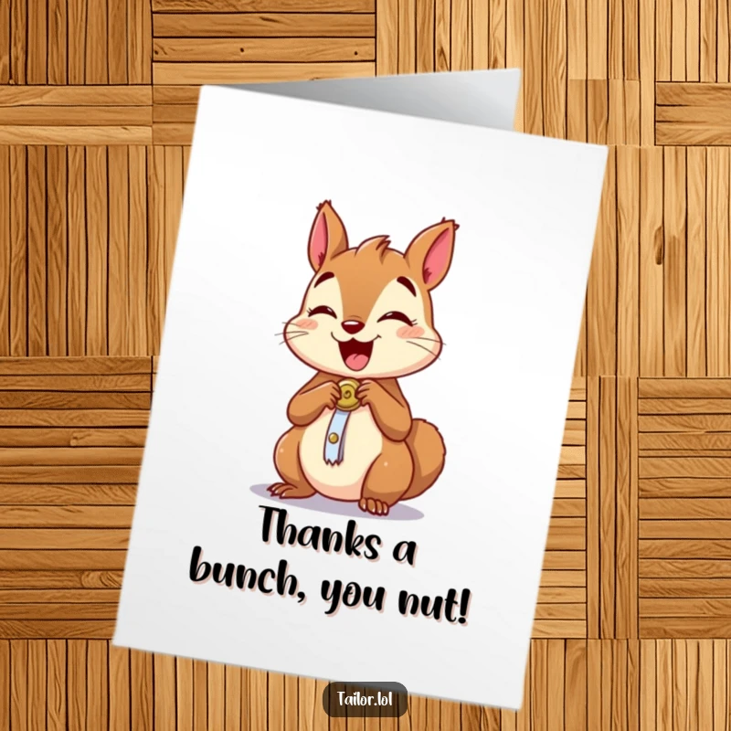 Funny Free Printable Thank You Card: Excited squirrel diligently sewing a button onto a tiny outfit, a cute thank you.