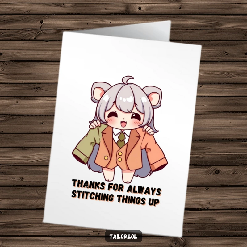Funny free printable thank you card depicting a character proudly holding a terribly tailored garment.