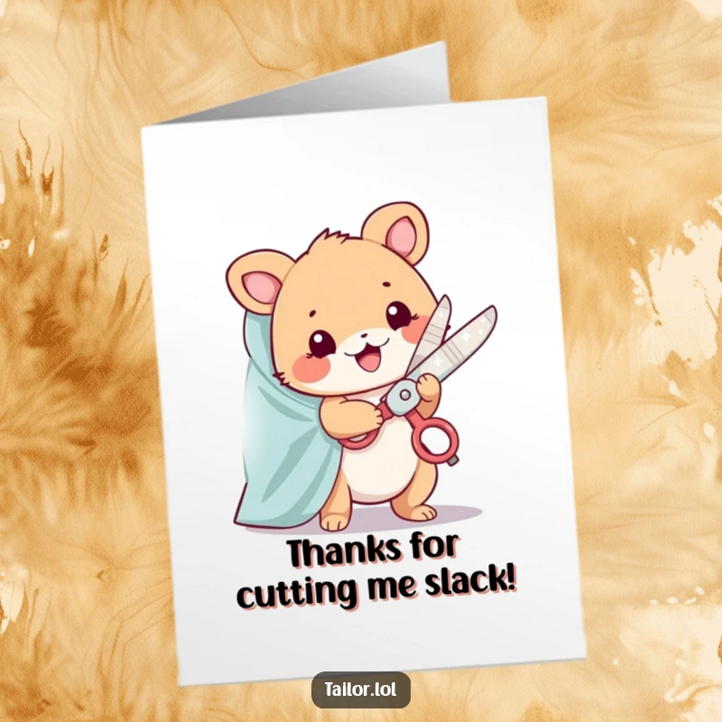 Funny Free Printable Animal Tailor Thank You Card, happily snipping, giant sparkling scissors, a delightful DIY gift.