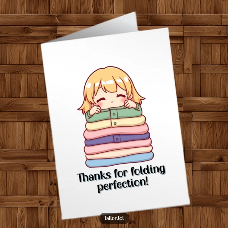 Funny Free Printable Thank You Card: A character proudly adjusts a neatly folded pile of garments, showing satisfaction.