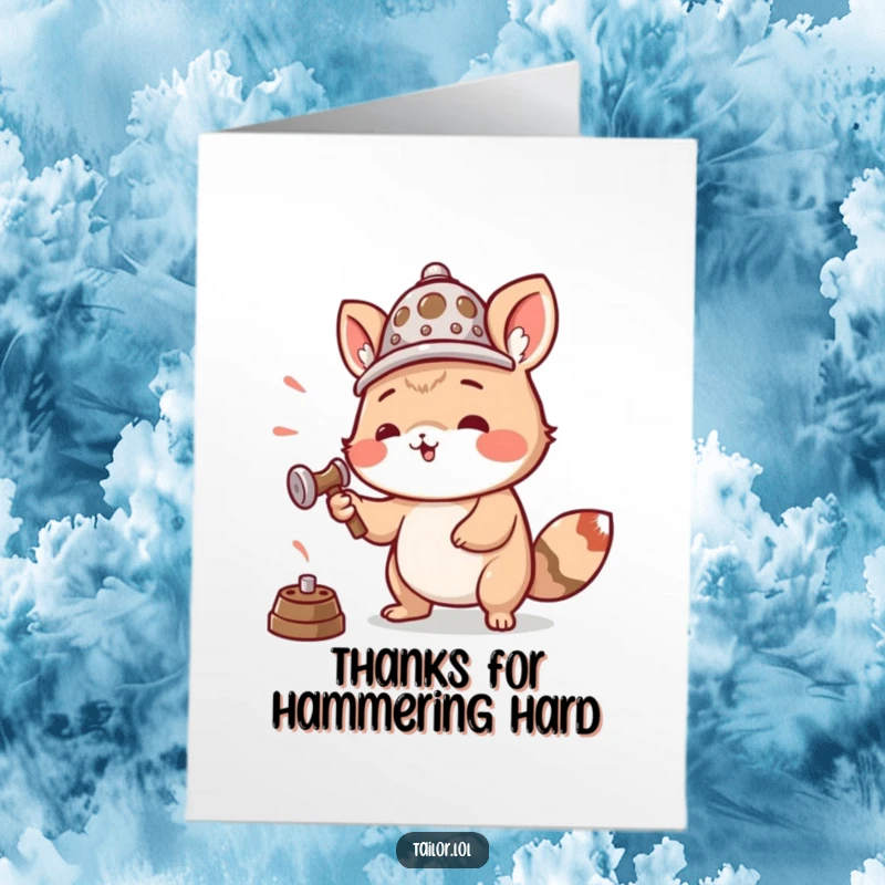 Funny Free Printable Thank You Card: Animal with a thimble hat, hammering enthusiastically to say thank you.