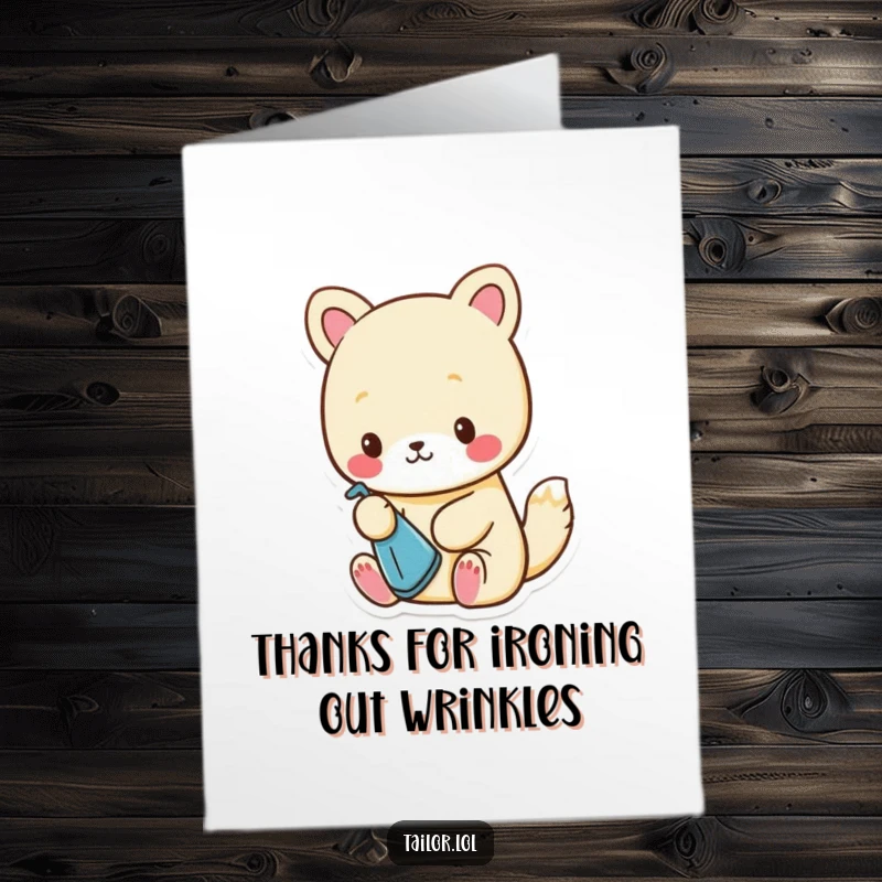 Funny Free Printable Thank You Card: Cute animal character carefully ironing a minuscule piece of cloth, showing meticulous attention.