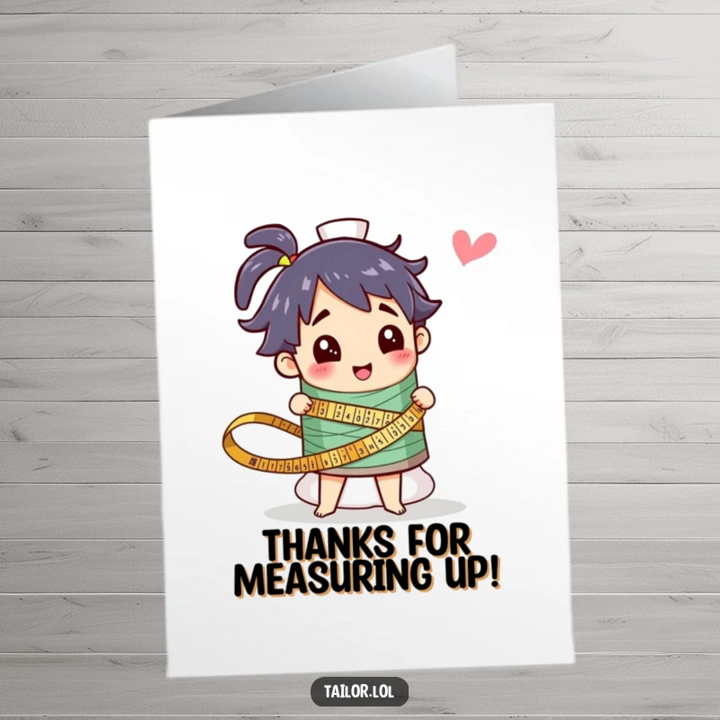 Funny Free Printable Thank You Card: Character measuring a giant thread spool, expressing heartfelt crafting gratitude.