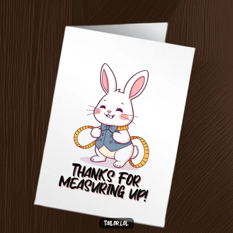 Funny Free Printable Thank You Card with a joyful rabbit tailor holding a measuring tape, expressing thanks.