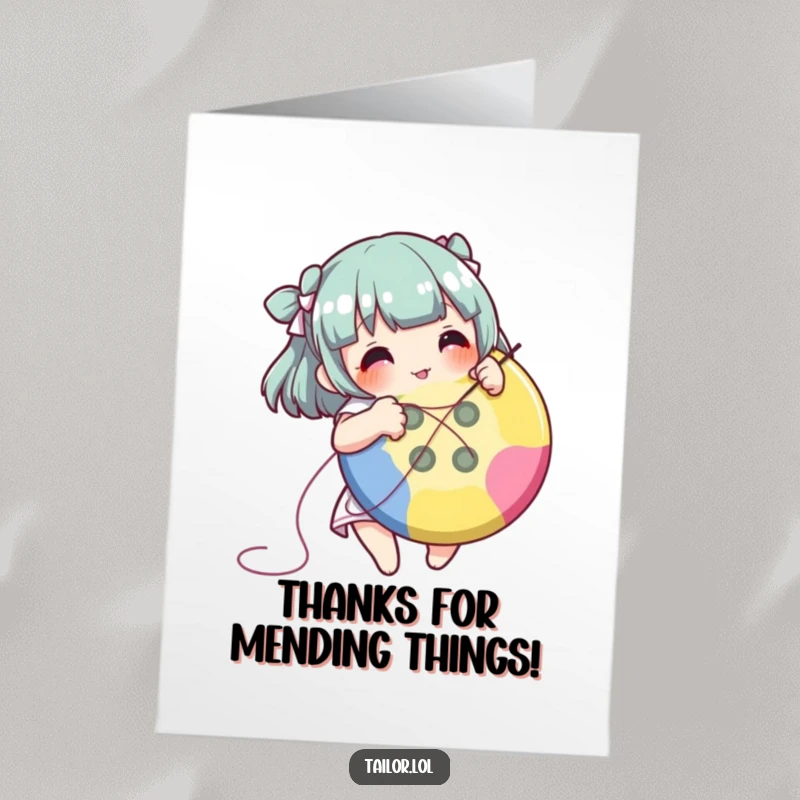 Funny Free Printable Thank You Card: A character happily using needle and thread to stitch a large, colorful button.