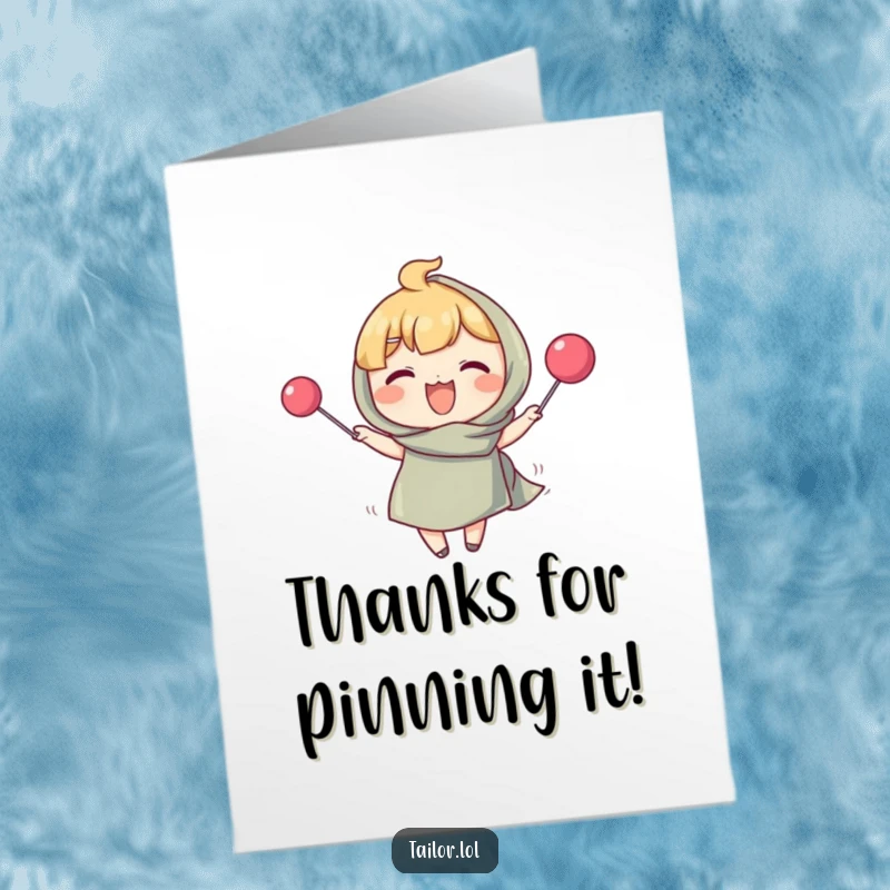 Funny Free Printable Thank You Card: Character pinning fabric with a comically oversized pin, expressing sewing gratitude.
