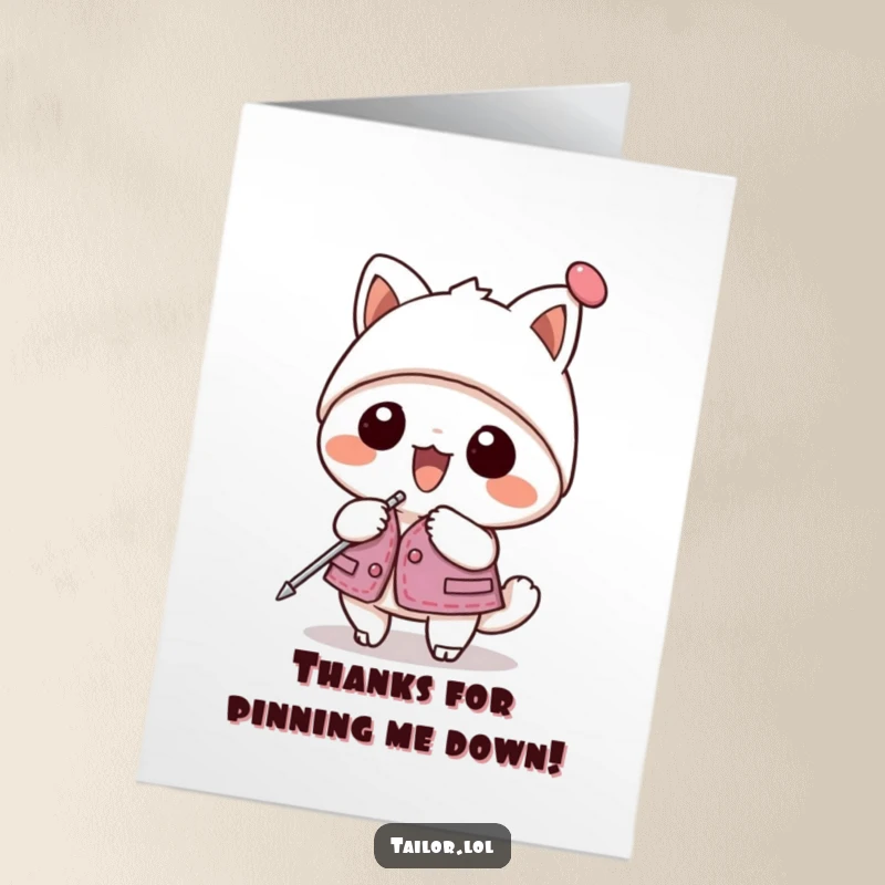 Funny Free Printable Kawaii Animal Pin Master Thank You Card, pinning a garment, giant hatpin, a cute DIY gift.