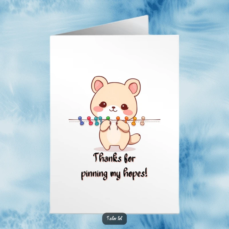 Funny Free Printable Thank You Card: Cute animal character happily pinning fabric with colorful pins, a vibrant thank you.