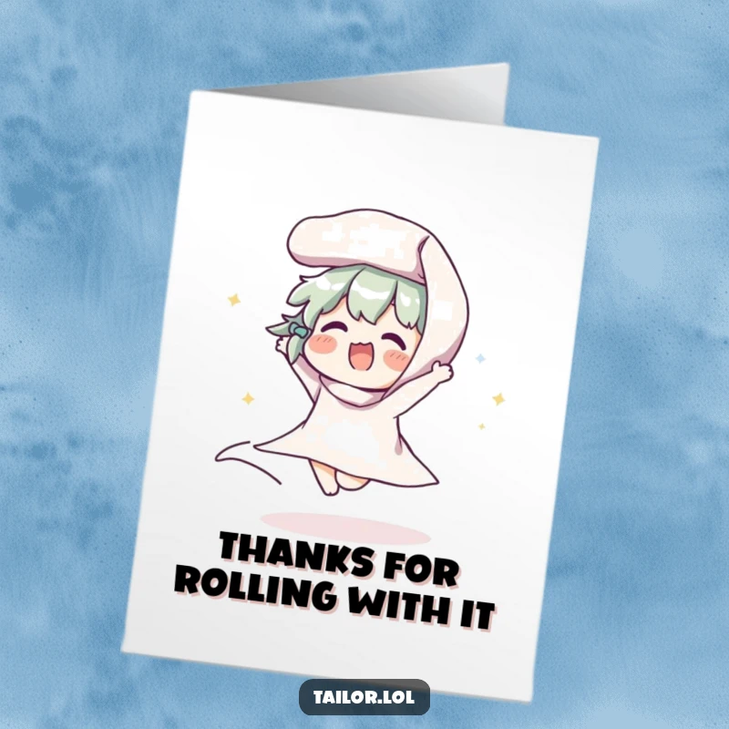 Funny Free Printable Thank You Card: Character energetically bouncing fabric, conveying thanks with a happy, playful spirit.