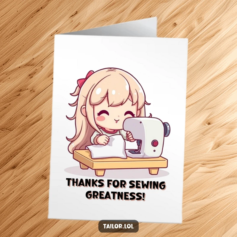 Funny Free Printable Thank You Card: A character with a determined and happy expression works diligently at a sewing machine.