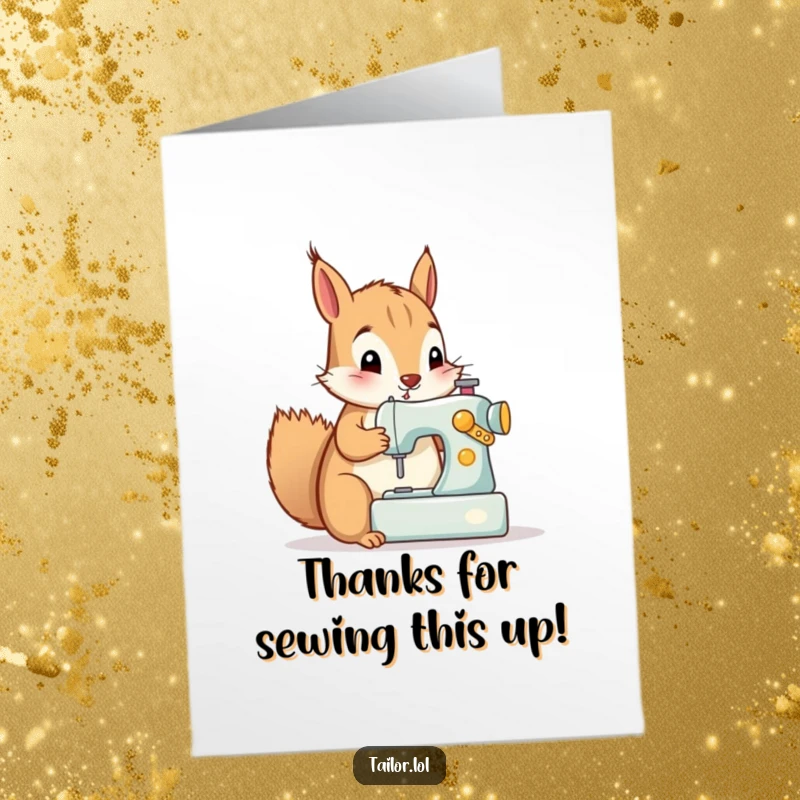 Funny Free Printable Thank You Card: Curious squirrel enthusiastically operating a tiny sewing machine, stitching gratitude.