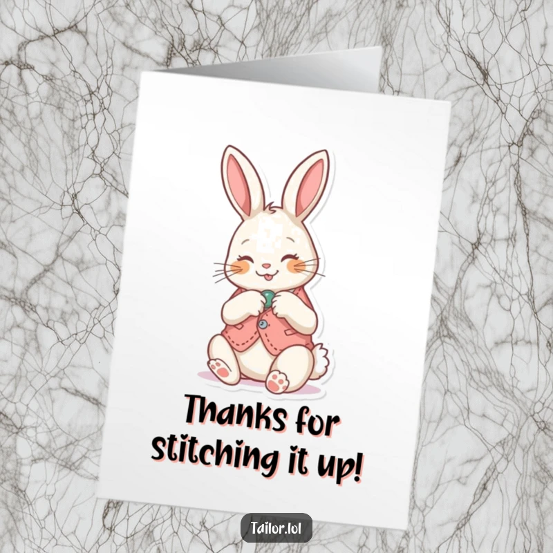 Funny free printable thank you card: An adorable bunny focused on sewing a button onto a tiny vest, expressing thanks.