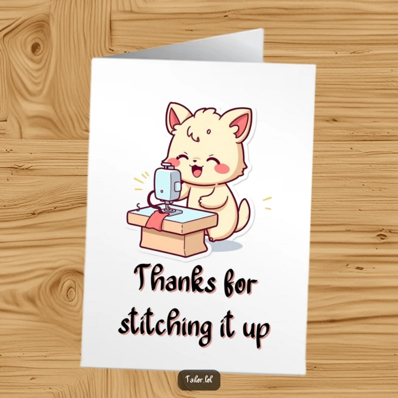 Funny Free Printable thank you card with a joyful animal sewing at lightning speed, showing thanks with rapid efficiency.