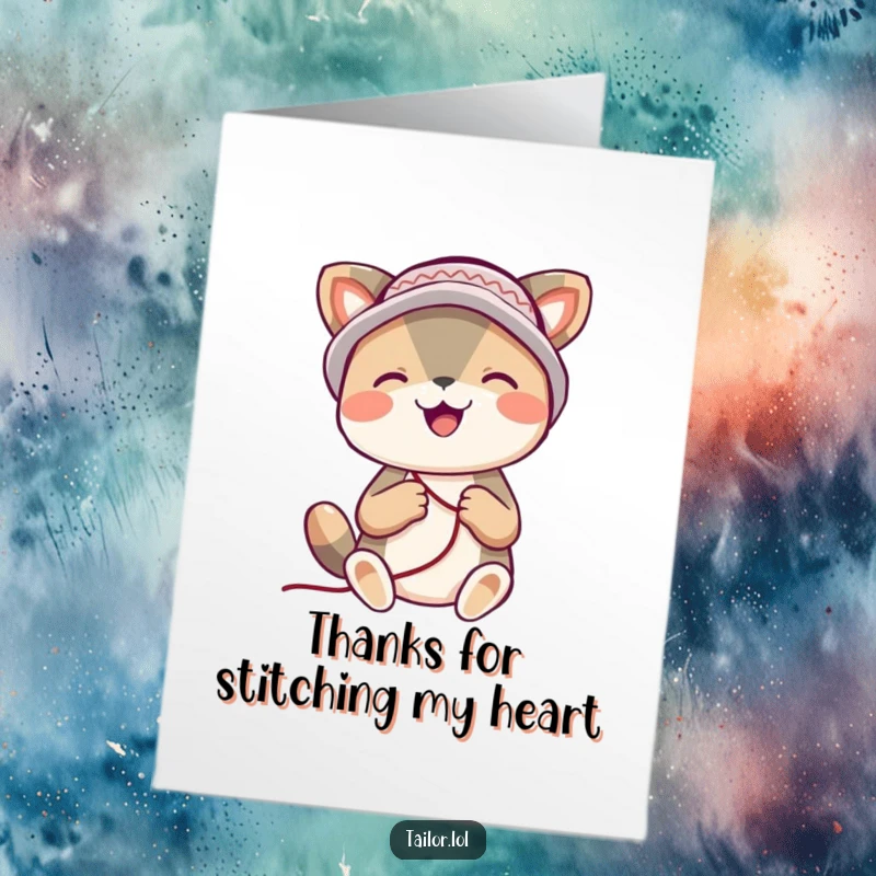 Funny Free Printable thank you card of a joyful animal wearing a thimble hat while happily stitching something.