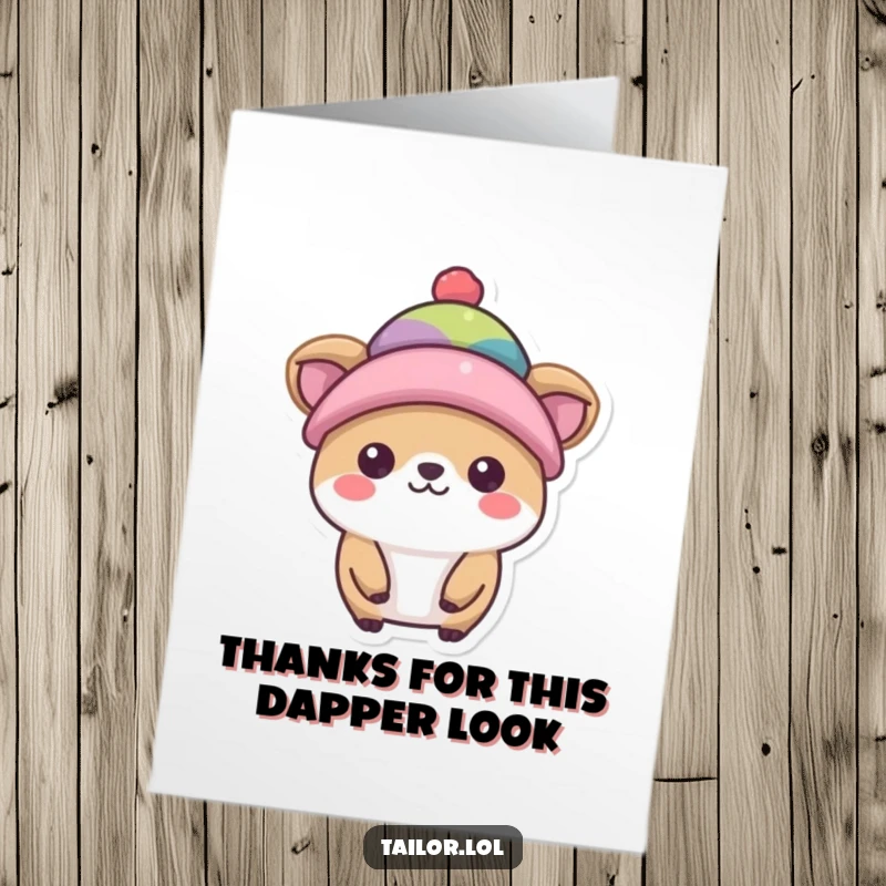 Funny Free Printable thank you card with a happy animal modeling a tiny, colorful hat, offering thanks with undeniable style.