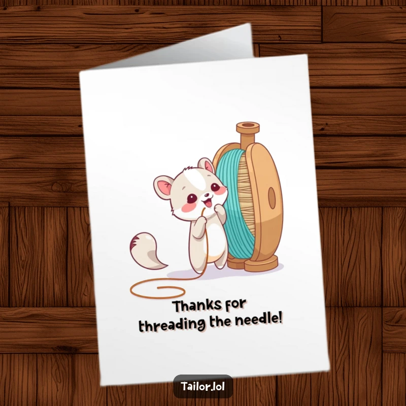 Funny free printable thank you card where an animal character playfully tugs a thread from a giant spool. A charming, humorous way to say thank you.
