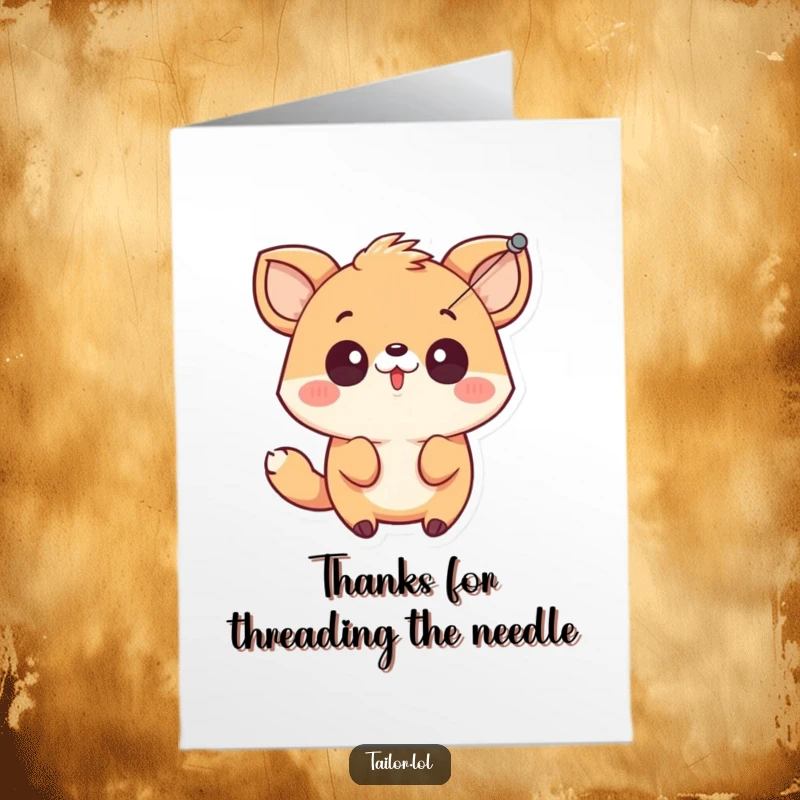 Funny Free Printable Thank You Card: Cute animal character looking surprised as a needle pulls thread through air, a comical sewing moment.