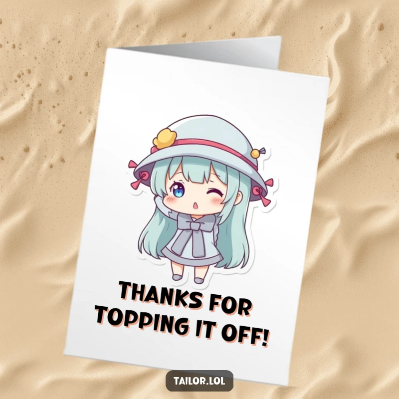 Funny Free Printable Thank You Card: A character playfully dons a hat decorated with sewing bobbins, sending thanks.