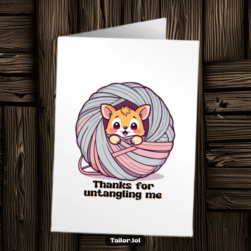 Funny Free Printable thank you card depicting a surprised animal endearingly ensnared within a huge ball of yarn.