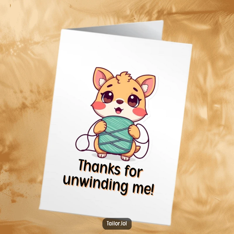 Funny Free Printable Thank You Card: An animal character surprised by a spool of thread wrapped around them, saying thanks.