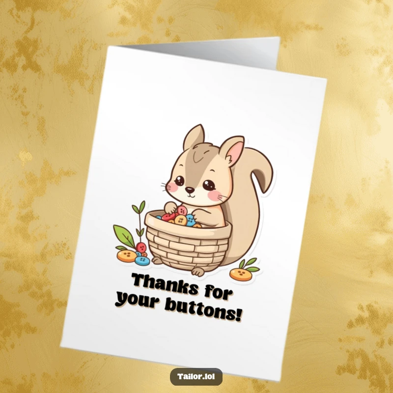 Funny Free Printable Squirrel Thank You Card: A squirrel gathers buttons in a basket to say thanks.